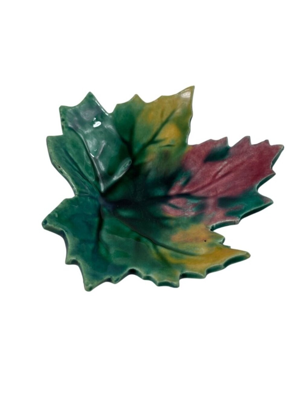 Leaf-Shaped Ceramic Dish Colorful Glaze Vintage Art Piece